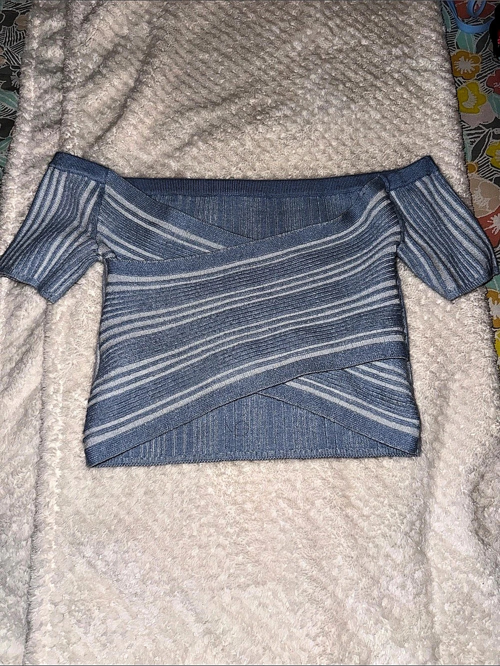 aerie Striped Off-Shoulder Crop Top in Blue & White Size Small